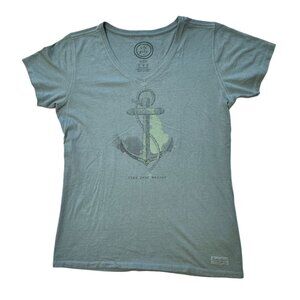 Life Is Good Womens Medium V-Neck Anchor T-Shirt 100% Cotton Light Blue
